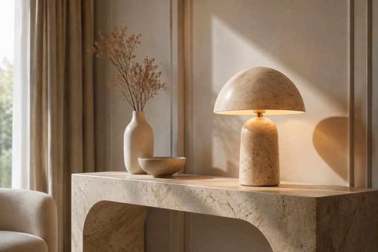 Lámpara de mesa de travertino y consola de lujo: elegancia silenciosa